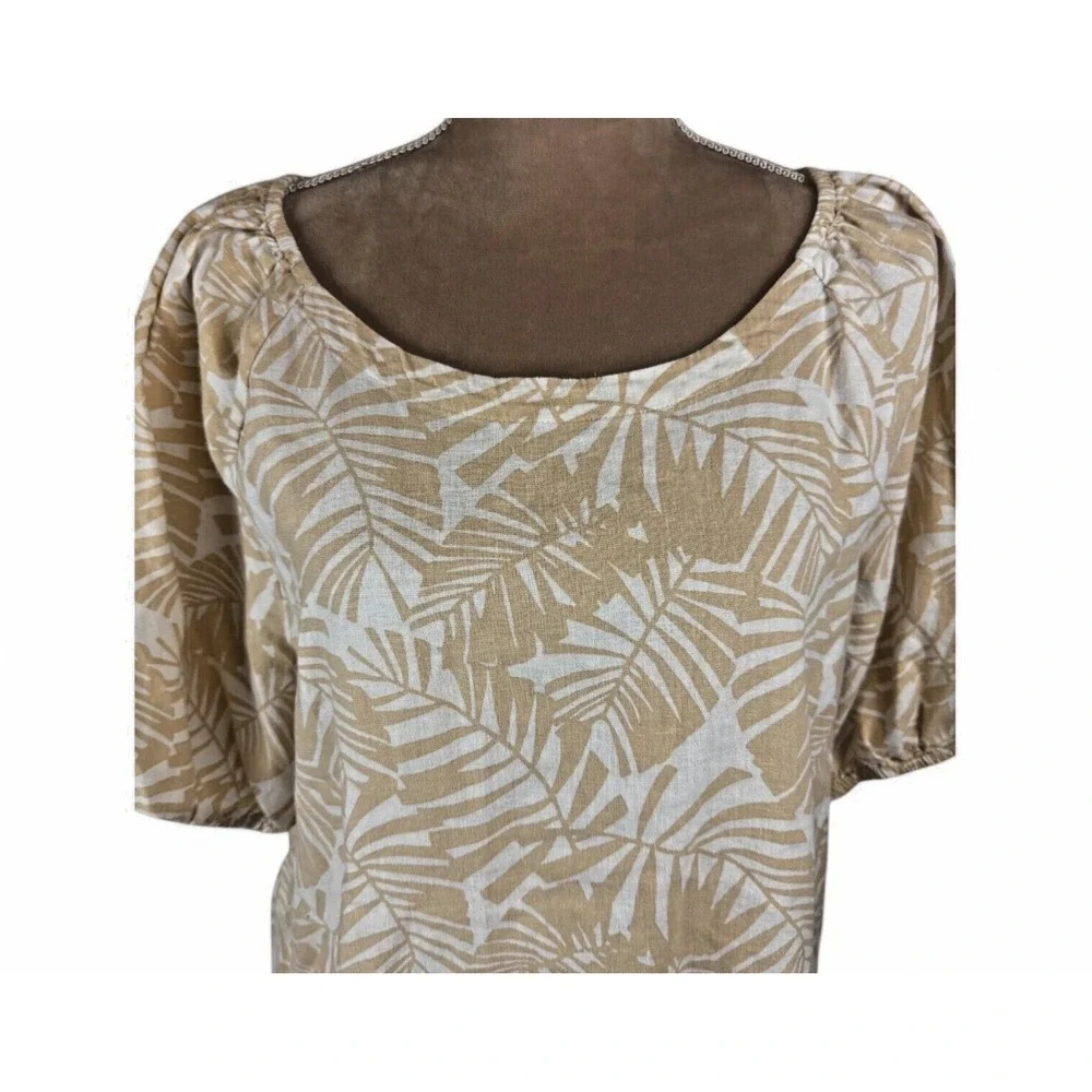 Ann Taylor Loft Womens Sz XL Linen Top Tropical Print Tan Cream Puff Sleeve‎